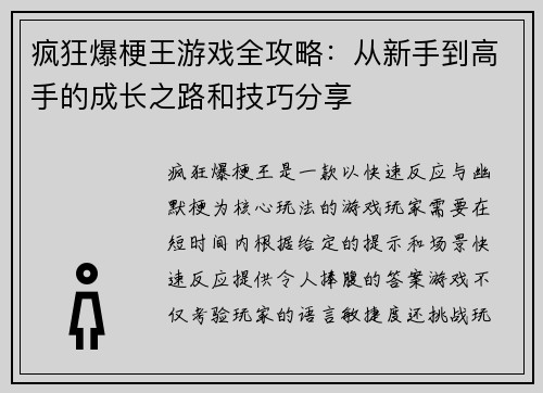 疯狂爆梗王游戏全攻略：从新手到高手的成长之路和技巧分享